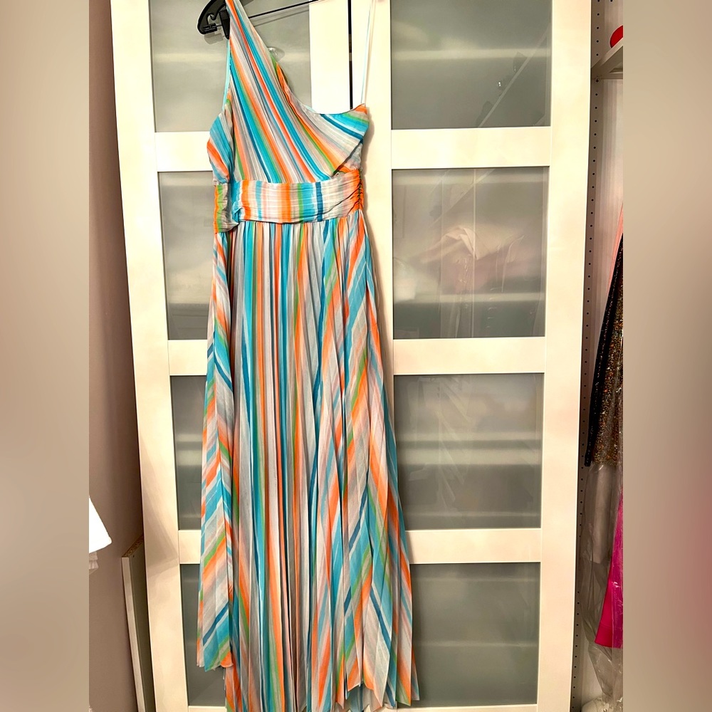 NWOT Ramy Brook one shoulder, pleated maxi dress. Size 8.